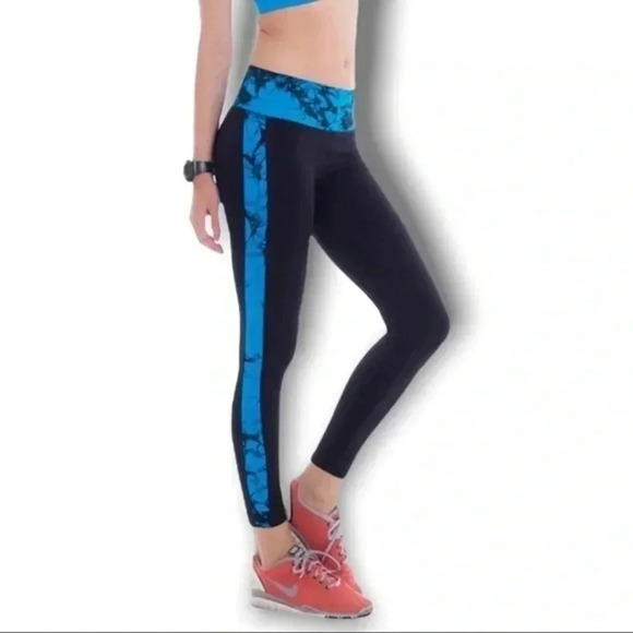 KURVE Wide Band Tie-Dye Blue Black Column Contrast Activewear Calf Legging OS - Picture 2 of 6